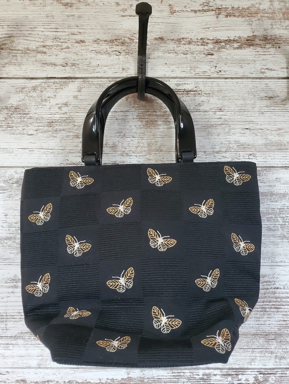 Talbots Black Check Embroidered Butterfly Top Handle Bag Vintage